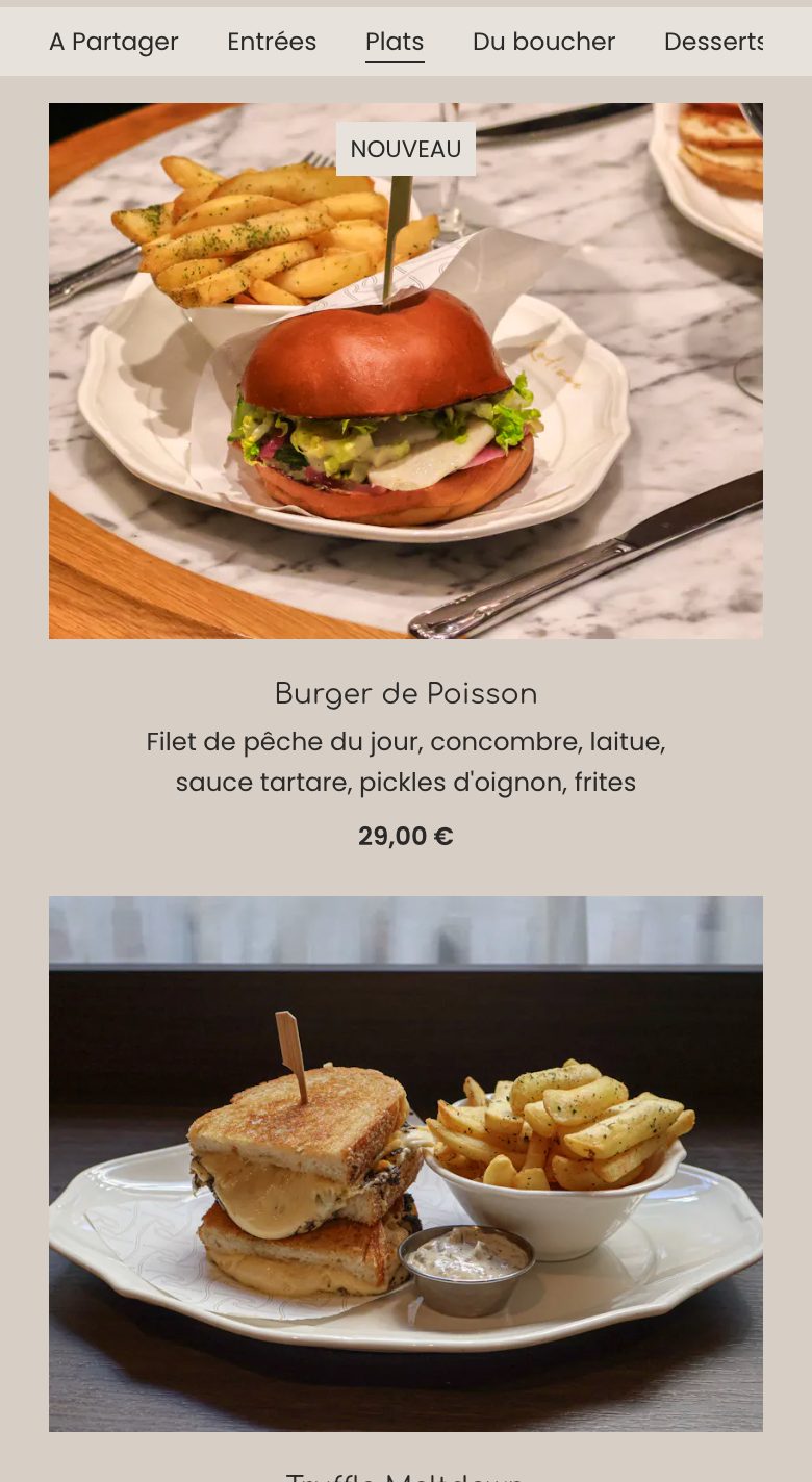 Menu publié sur le site du restaurant